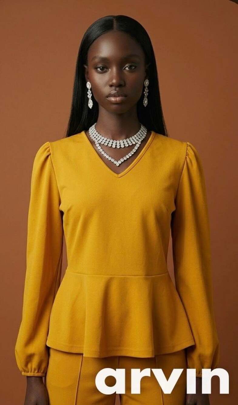 Ashley Stewart Peplum Top Size 14/16 Mustard Yellow V-Neck Long Sleeve